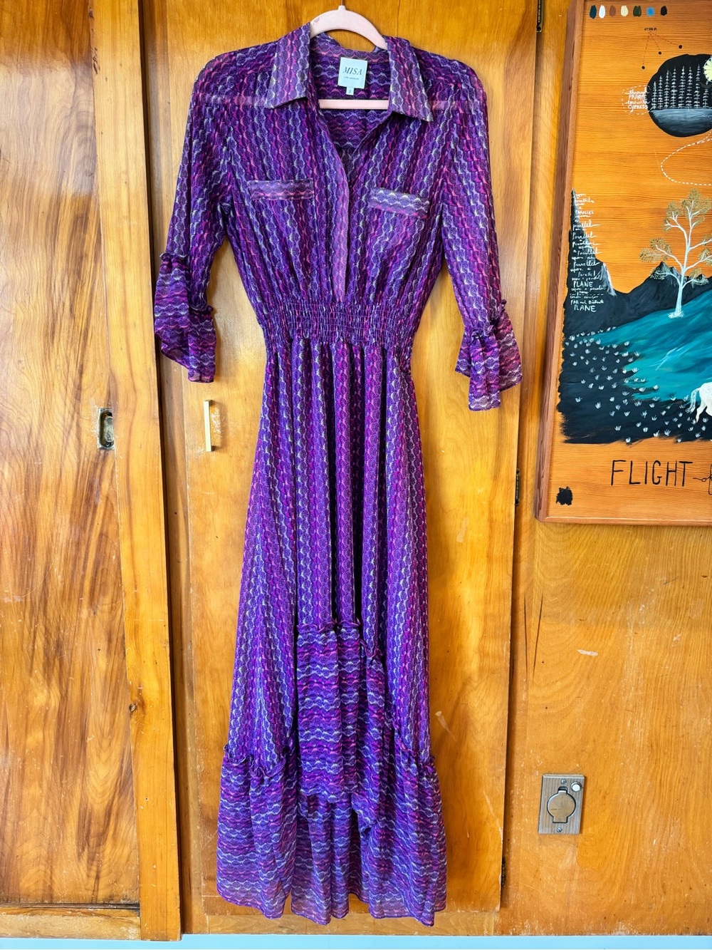 Misa Los Angeles Purple Patterned HiLow Maxi Shirt Dress with Shirred Waist.